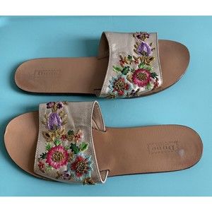 dune london shoes flat slide sandal embroidered flower size 8